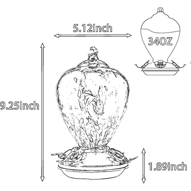 Blown Glass Hummingbird Feeder With Ant Moat And Bee-Proof Base, Handmade Recycled Glass Garden Decor, 34 Ounce Capacity With Leak-Proof And Rust-Resistant Design