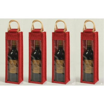 Single Bottle Laminated Jute-Burlap Bag with front PVC- Set of 4