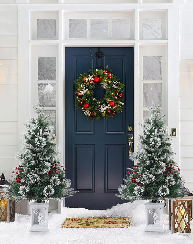 Arbre de Noël de bonhomme de neige pré-éclairé 3 pi 2 pièces, neige floqué avec 70 DEL 8 modes pour l'intérieur et l'extérieur