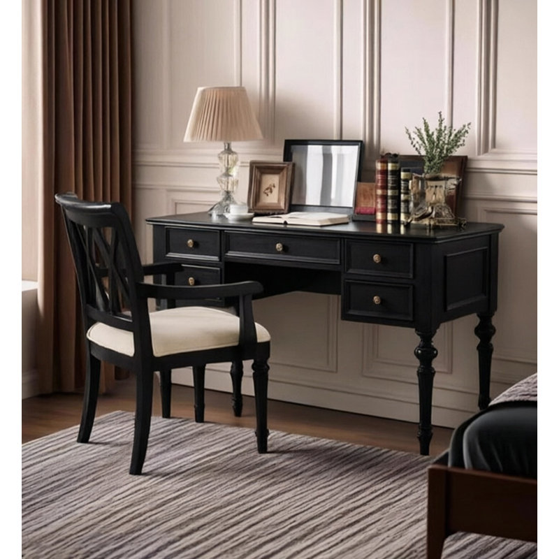 Bureau de direction classique en bois de style campagnard avec pieds tournés, Noir, H 30,71 po x l 47,24 po x P 23,62 po