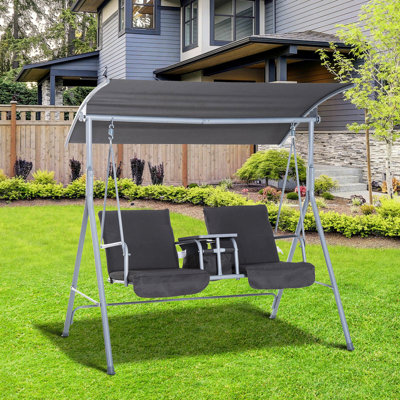 Gray Outdoor Porch Swing With Canopy And Storage 2 Cup Holders For Persons, Backyard Patio Chair Space, Person Holders,