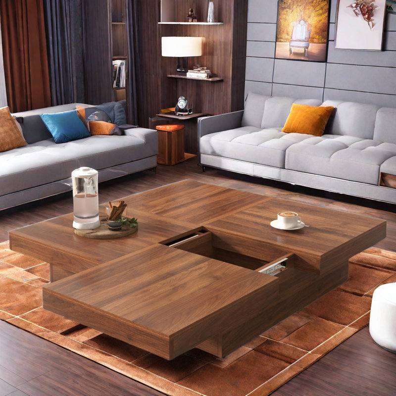 Ragib Square Coffee Table Sliding Top With Storage, 9.8" H x 39.4" W x 39.4" D