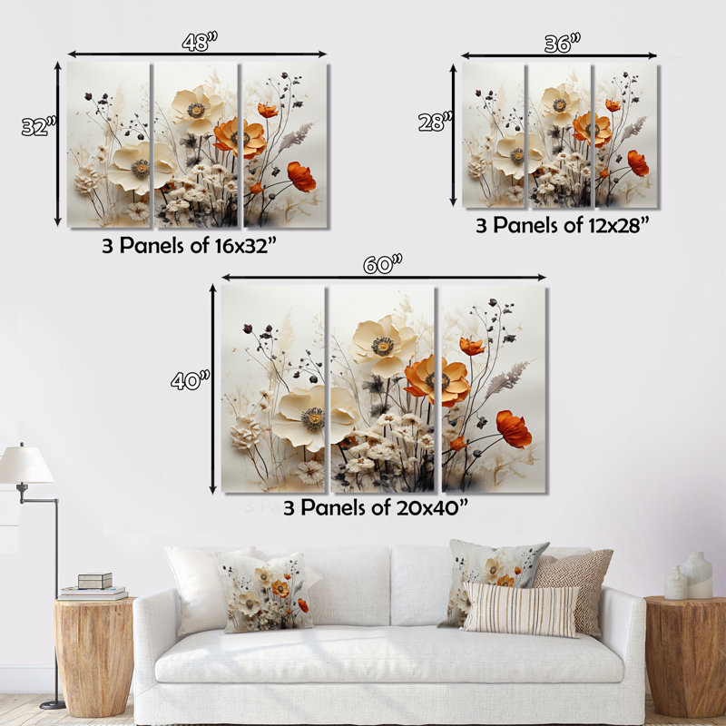 Bohemian Earthly Wildflower Collage II - Floral Canvas Wall Art Set, Wildflower set of 3, 32" H x 48" W x 1" D
