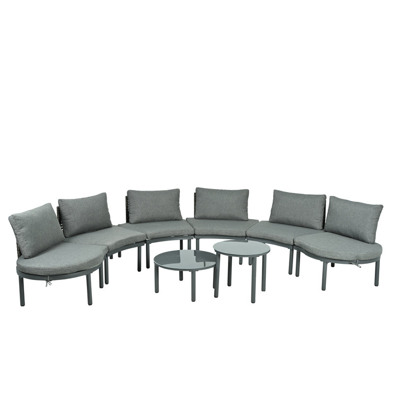 8 - Piece Patio Furniture: Half Moon Sectional With 2 Coffee Tables, Pe , Tempered Glass, Comfort For Garden And Poolside Outdoor , High Low , 6 Cushions Backyard Recreation Time