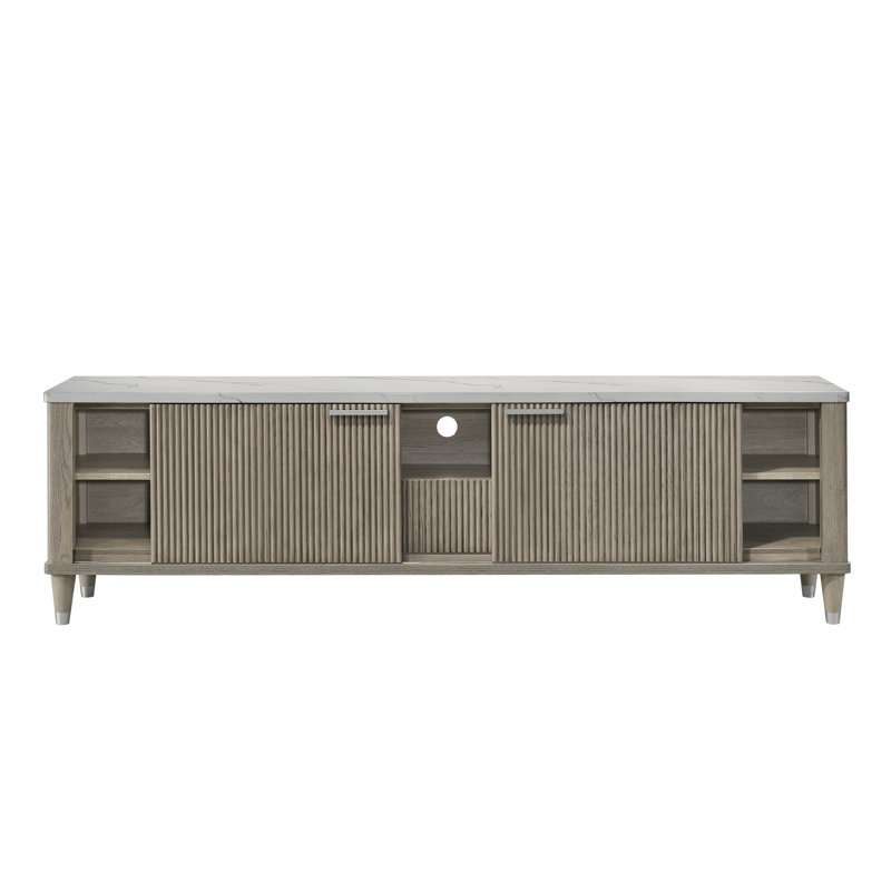 Meuble télé moderne en bois flotté et faux marbre blanc avec portes coulissantes pour téléviseur de 78 po ou moins
