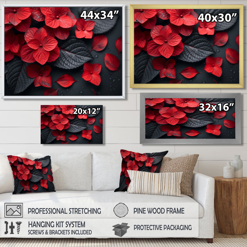 Romantic Rendezvous Red Black Hydrangea II - Hydrangea Wall Art, 16" H x 32" W, Black Single Picture Framed