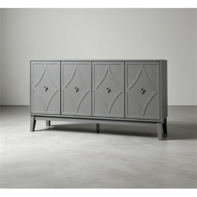 Vintage 4-Door Storage Cabinet with Hand-Carved Geometric Doors, Adjustable Shelves, and Raised Legs for Easy Cleaning