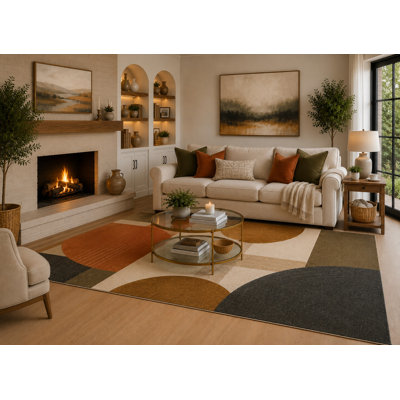 6'7" x 9'10" Rust, Olive and Charcoal Modern Arch Shapes Area Rug for Living Room, Soft Low Pile Carpet with Non-Slip Backing for Bedroom, Dining Room and Office