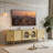 70" Mid-Century Modern TV Stand for TVs up to 75",Japandi Fluted Media Console with Reeded Glass Sliding Doors and Adjustable Shelves, Oak Sideboard with Metal Legs