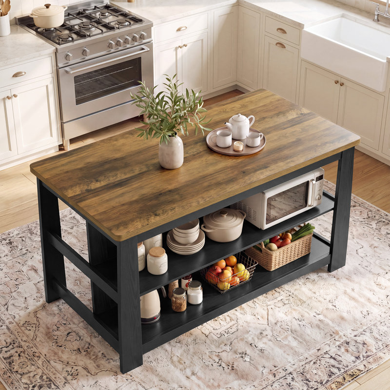 Îlot de cuisine de 140 cm avec étagères de rangement ouvertes, table de bar haute noire et brune avec sièges pour cuisine et salle à manger