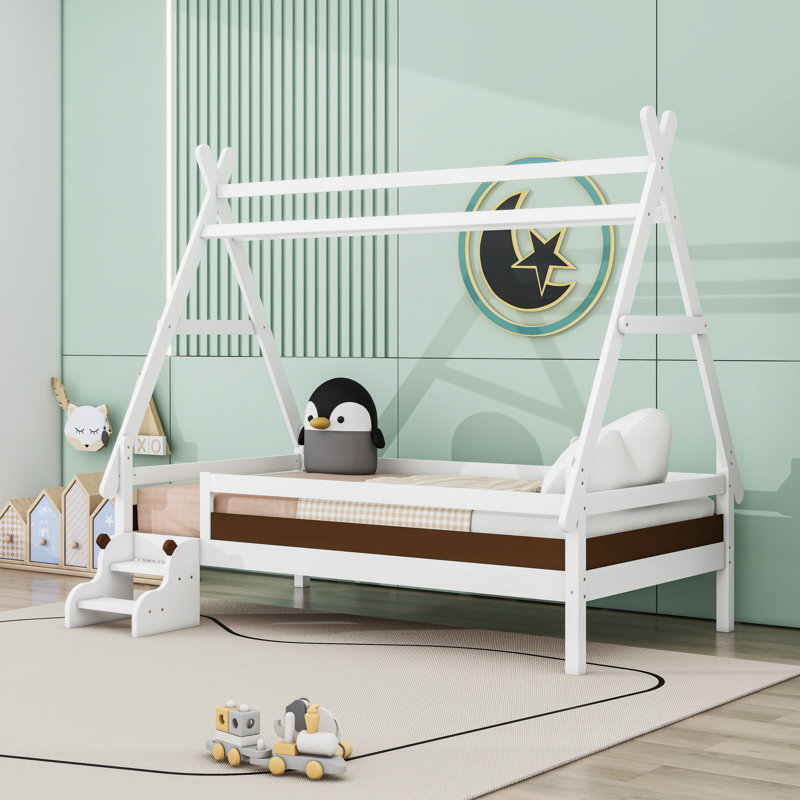Wooden House Platform Bed With Stairs, Guardrails And Sturdy Slats, Twin, White
