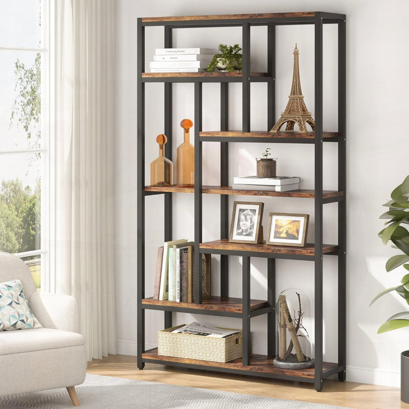 Seven-Tier Industrial Etagere Bookcase with Staggered Shelves, Rustic Brown