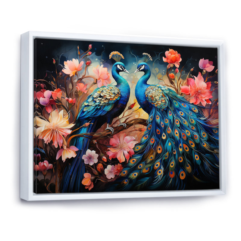 «Blue Coral Indian Art Dancing Peac II» - Art mural indien, Cadre flottant blanc, H 30 po x l 40 po x P 1,5 po