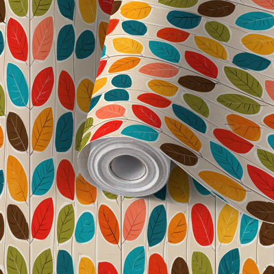 Papier peint adhésif peler et coller en PVC, revêtement mural auto-adhésif amovible avec imprimé de feuilles colorées rétro de style Mid-Century moderne, imperméable pour la décoration intérieure - Rouleau