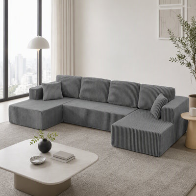 U Shape Modular Sectional Sofa, Compressed Sofa with Modern Minimalist Style, Corduroy Couch for Living Room and Bedroom, Space-Efficient Design in Grey