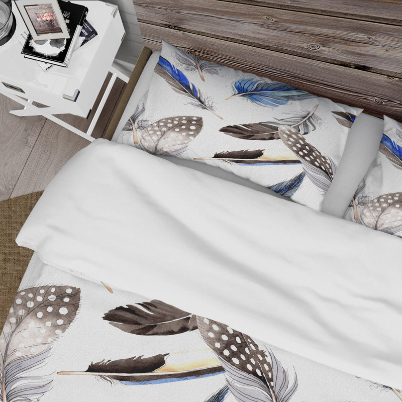 Blue Bohemian Bird Feathers II - Ensemble de housse de couette bohémien - Polyester en microfibre