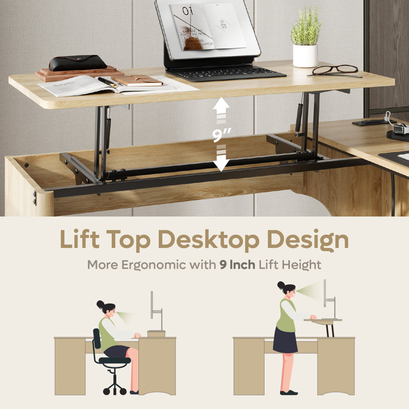 Daymen 55Inch Lift Top L Shaped Desk with Power Outlet, Fluted Computer Desk with File Drawer and shelf , Home Office Desk with Monitor Stand and Cable Management