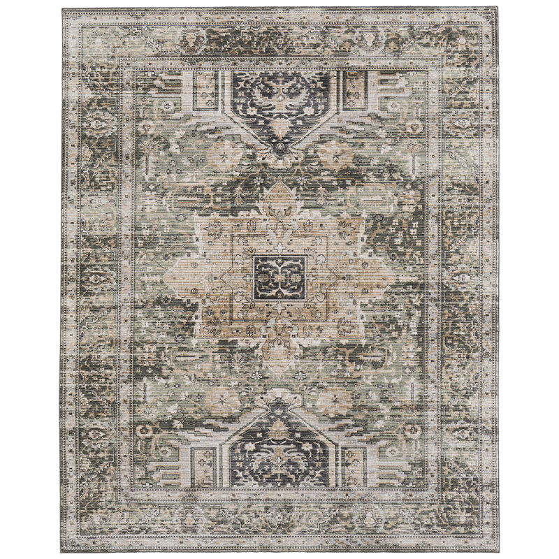 Thara Traditional Medallion, Green/Black/Tan, 9' x 12' Area Rug, 9 x 12