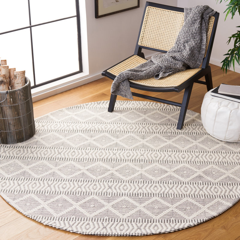 Tapis en laine et coton tissé à plat de style sud-ouest Edgartown en blanc et gris clair, Rond 6 pi