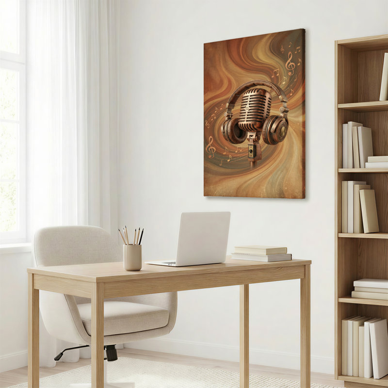 Ensemble de 1 tableau sur toile représentant un microphone et un casque vintage avec des notes de musique, H 36 po x l 24 po