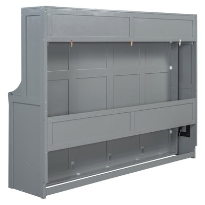 Grand lit escamotable gris avec relevage hydraulique et conception de bureau intégrée