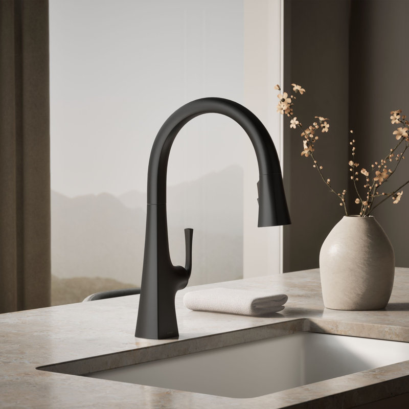 Robinet de cuisine escamotable à poignée simple avec douchette à trois fonctions Graze, Noir mat