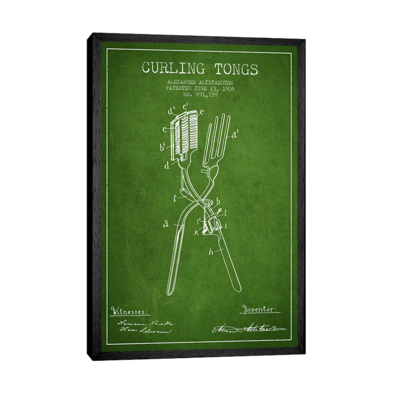 Curling Tongs Green Patent Blueprint by Aged Pixel - Gallery-Wrapped Canvas Giclée on Canvas, Black Framed