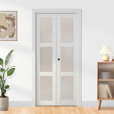 Porte de grange pliante en verre givré pliable 3-Lite avec trousse de quincaillerie d'installation