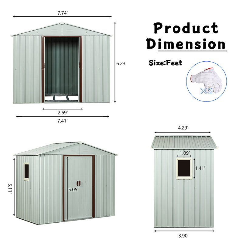 Remise de rangement extérieure en métal 8 pi x 4 pi avec fenêtre et fondation en métal blanc