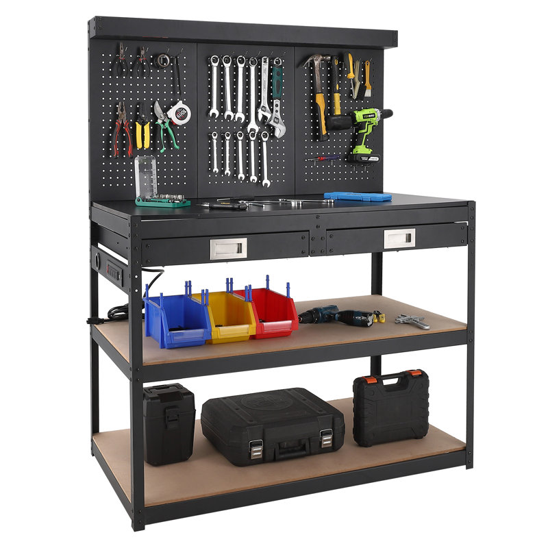 Table de travail pour le garage, banc de travail à 3 niveaux avec 2 tiroirs, banc de travail robuste avec prises de courant et panneau perforé, poste de travail en métal pour atelier, bureau, maison, noir