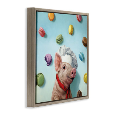 Pig Chef with Playful Macarons Framed Floater Canvas Wall Art by Lucia Heffernan