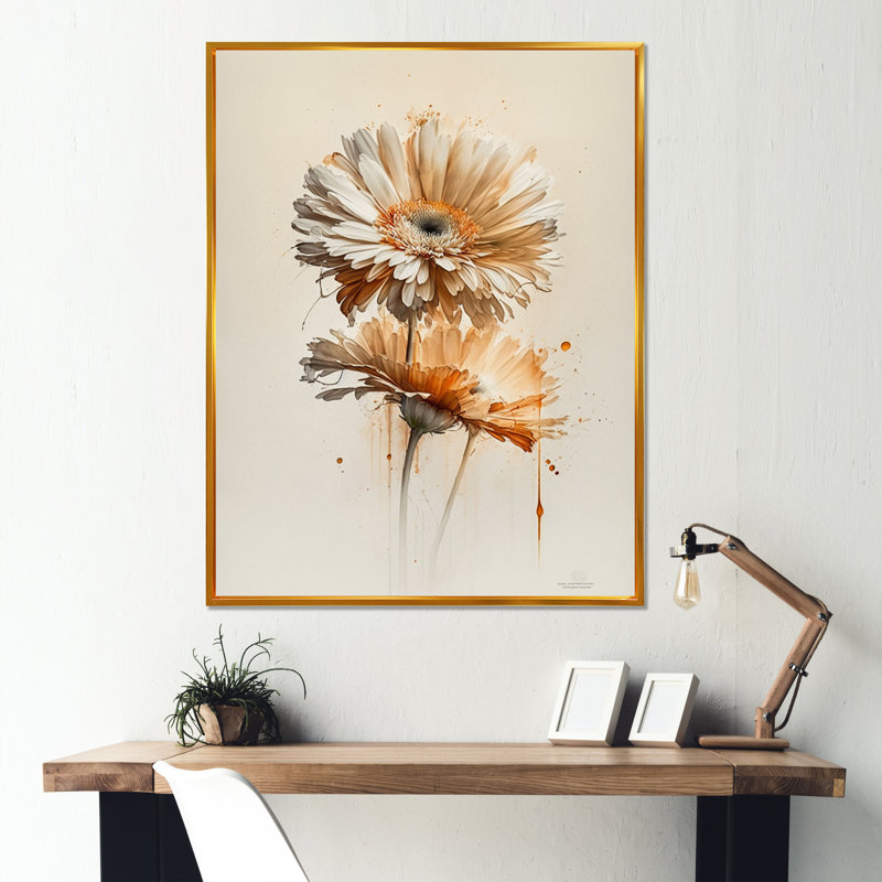 " Orange Gerbera Flower III ", 32" H x 16" W x 1" D, Gold Floater Framed Canvas