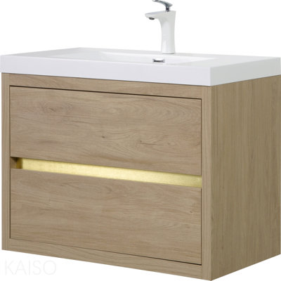Meuble-lavabo mural 36 po avec lavabo, meuble de rangement flottant pour salle de bain avec comptoir en résine de pierre et tiroirs à fermeture en douceur, chêne naturel entièrement assemblé