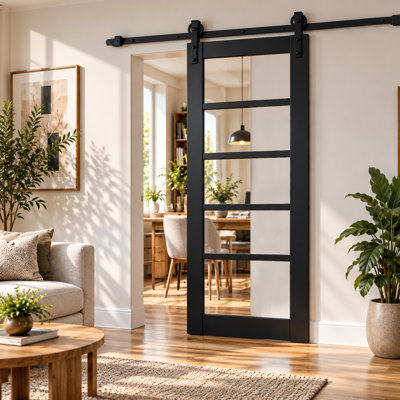 Porte de grange robuste Quadro 4522 Noir mat avec vitrage transparent, rail de 2 m (6,6 pi), quincaillerie renforcée, porte intérieure à panneau plein - 107 cm x 244 cm (42 po x 96 po) - vitrage transparent - rail noir