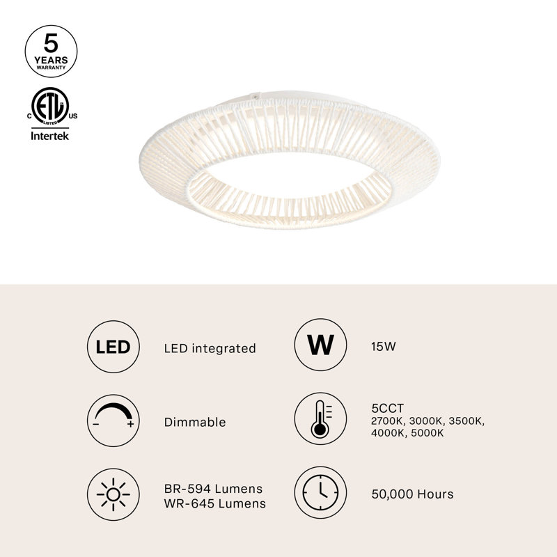 16-in White Rope Dimmable LED Flush Mount, White Rope, 16-in