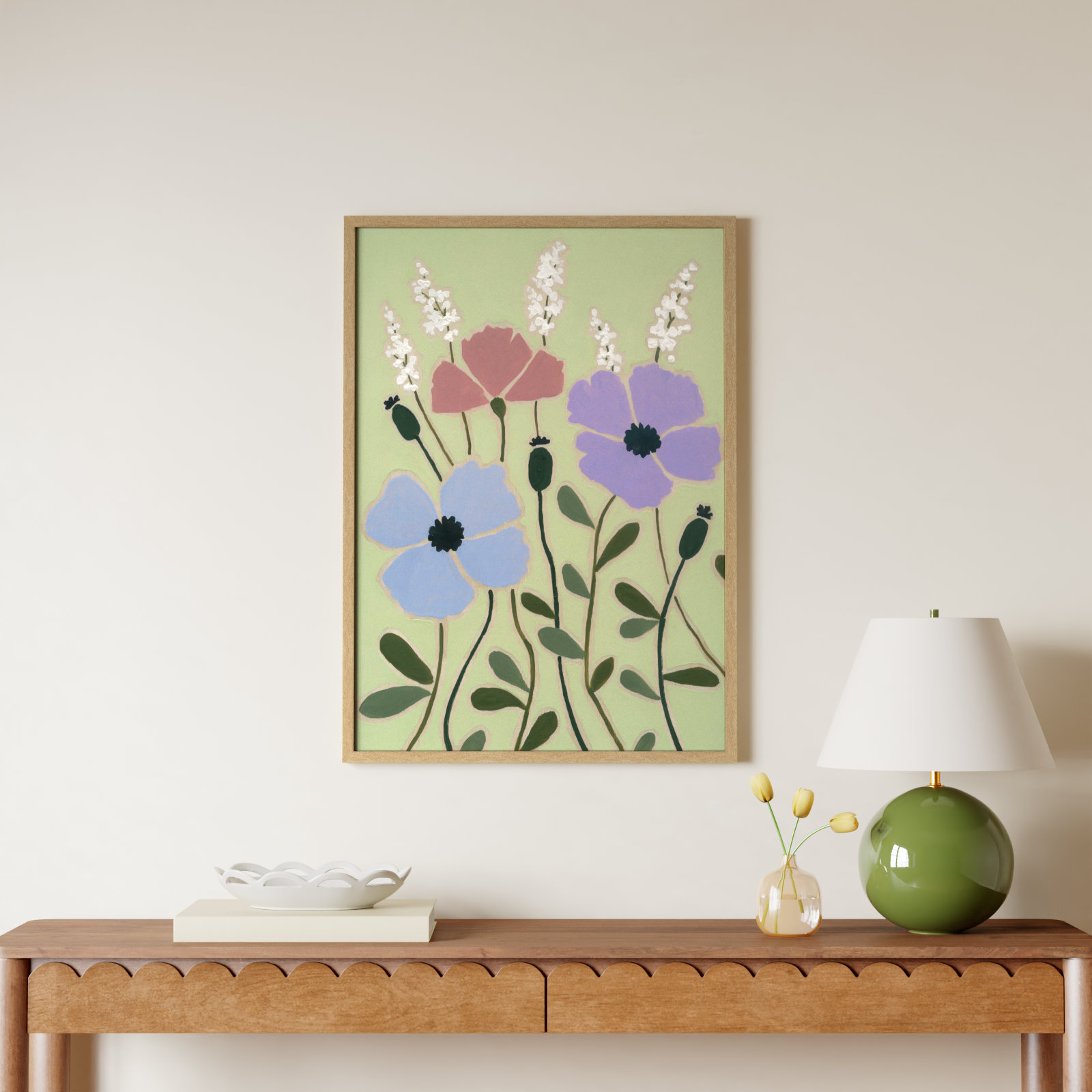 Maura "Woodblock Floral III" Print, 35.5" H x 25.5" W x 1.25" D, Natural Framed
