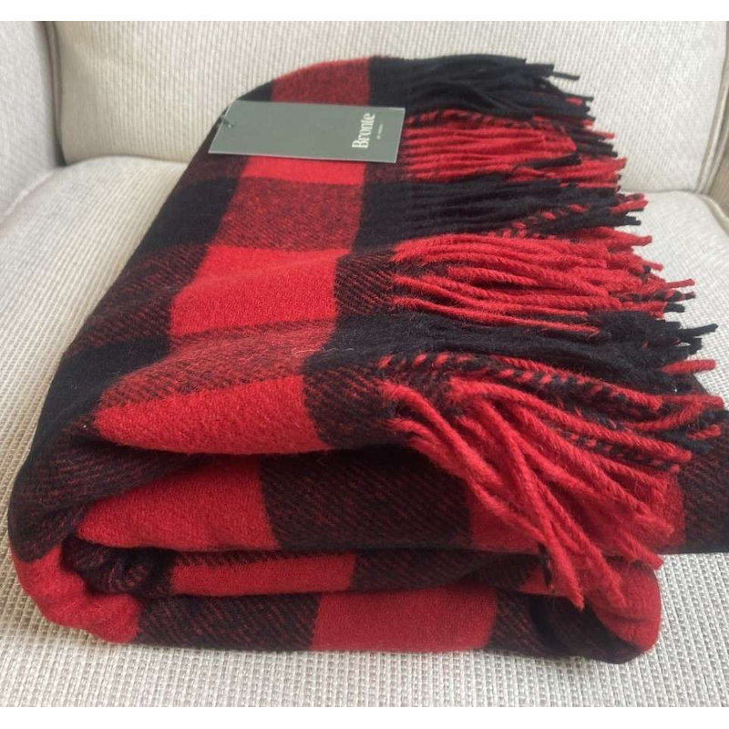 Jeté en laine Shetland, Noir / gris / rouge géométrique