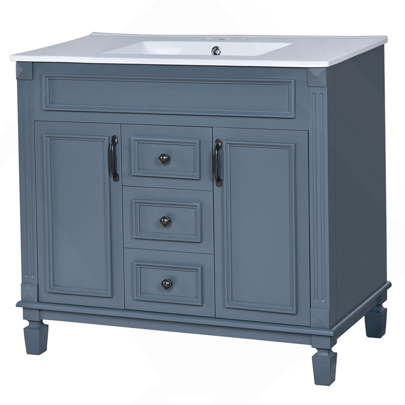 Meuble-lavabo 36 po avec lavabo supérieur, armoire de rangement moderne avec 2 portes à fermeture douce et 2 tiroirs, meuble-lavabo simple