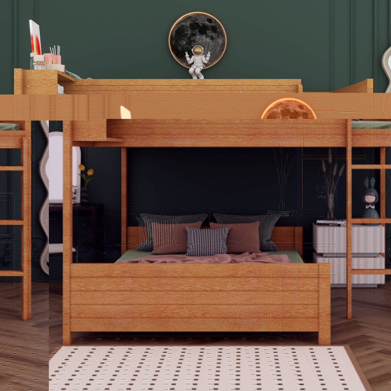 Lit superposé en bois double TG avec tablette de rangement intégrée et échelle, structure en bois massif, White
