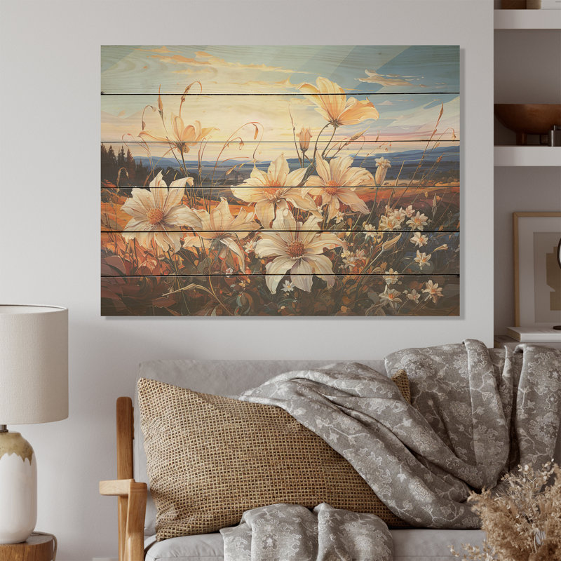 Embellissement de champ de lis sur fond de montagnes I - Fleurs en bois naturel sur bois de pin naturel, H 30 po x l 40 po