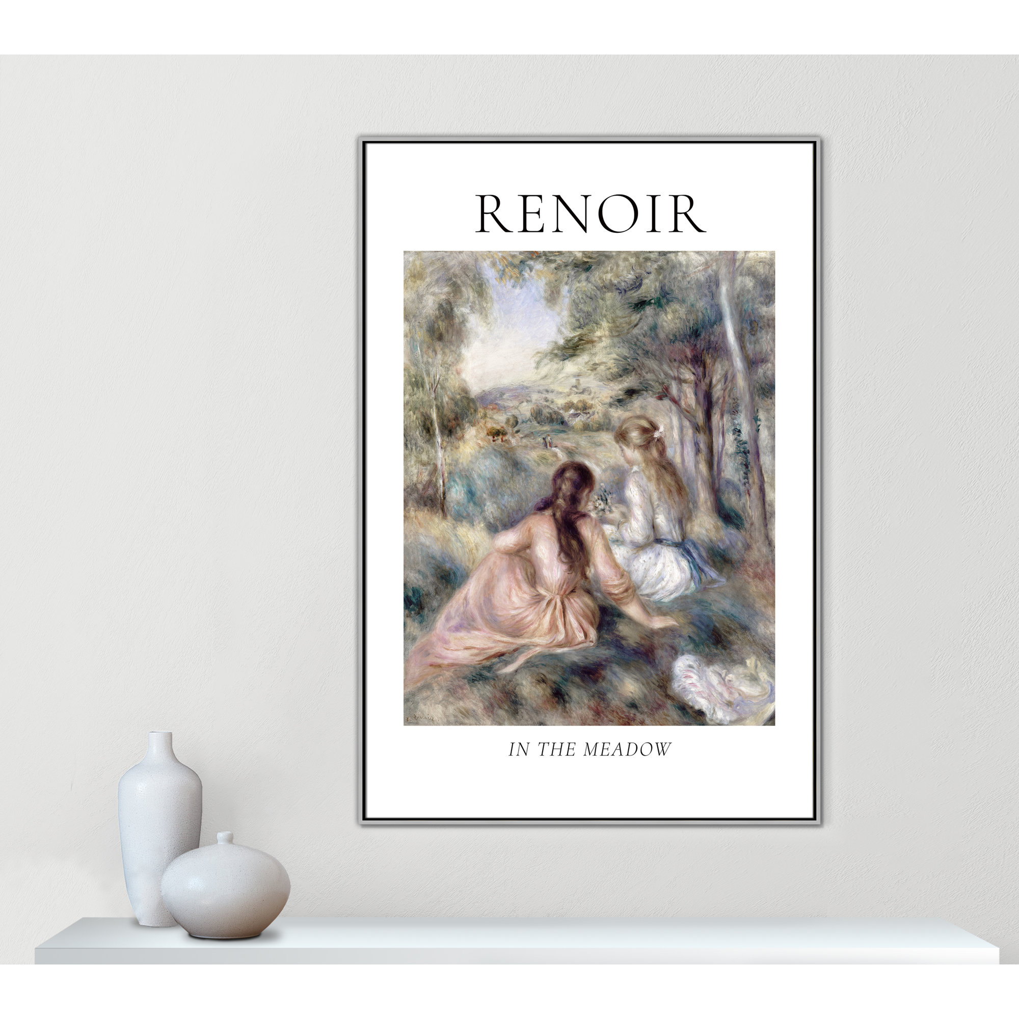 Old Masters Collection " In The Meadow " by Auguste Renoir, Silver Floater Frame, 61.5" H x 41.5" W x 2" D, No
