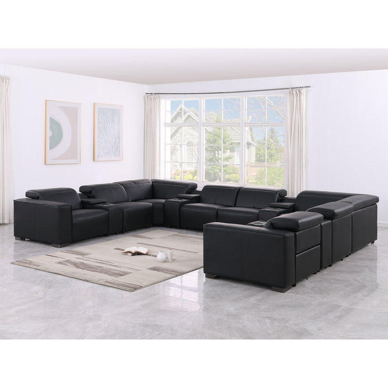 Glendale Luxurious 12-Piece U-Sectional In Genuine Leather With 4 Power Recliners And Power Headrests, Black