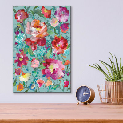 «Bright Floral Medley C Turquoise» par Danhui Nai, art mural en verre acrylique