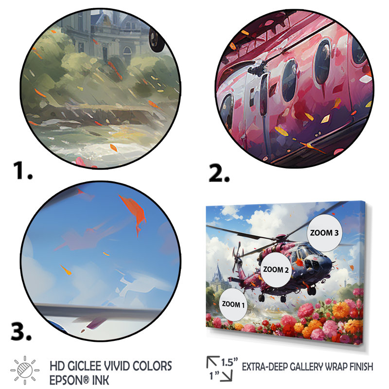 Hélicoptère, Sprintime, fleurs, horizon, Cadre flottant noir, H 12 po x l 20 po x P 1 po