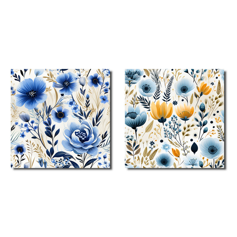 Blue Boho Chic Floral Motif II - ensemble de collage abstrait botanique carré de 2, H 16 po x l 33 po, Toile tendue