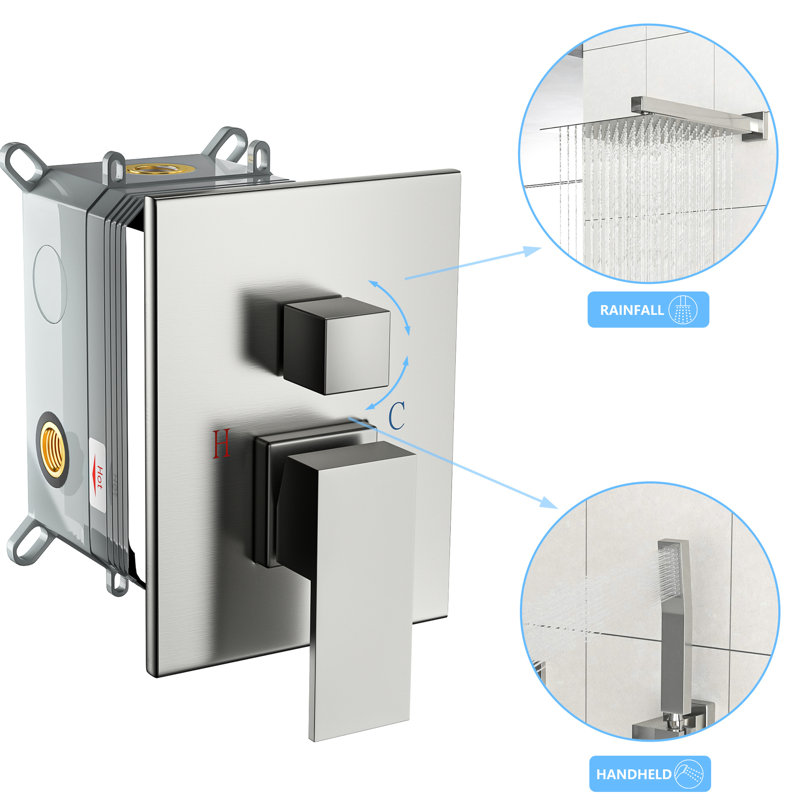 10 Inch Square Shower With Rough - In Valve, Adjustable Slide Bar, Rainfall Shower, Handheld Balanced Easy To Clean, Brushed Nickel Finish Wall Mounted System Head, 26.18 Dual Function, Clean Nozzle,