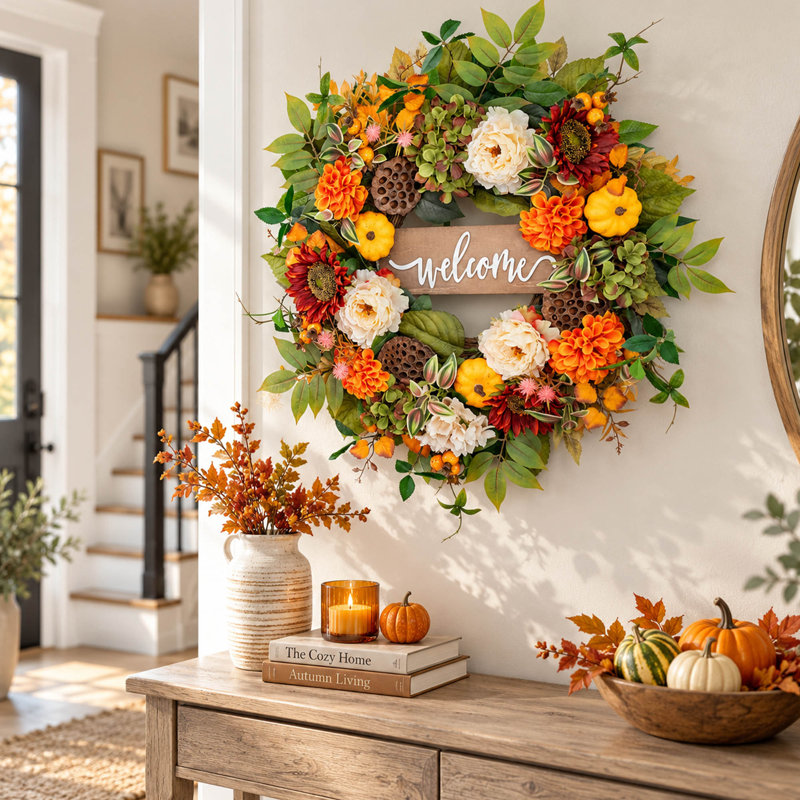 Couronne florale d'automne de 61 cm avec panneau de bienvenue pour porte d'entrée