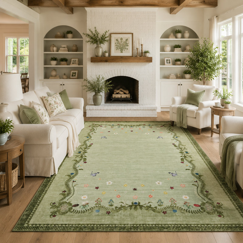 Tapis à bordure Clover Petal pour chambre à coucher et salon, Vert, 10 x 13 pi
