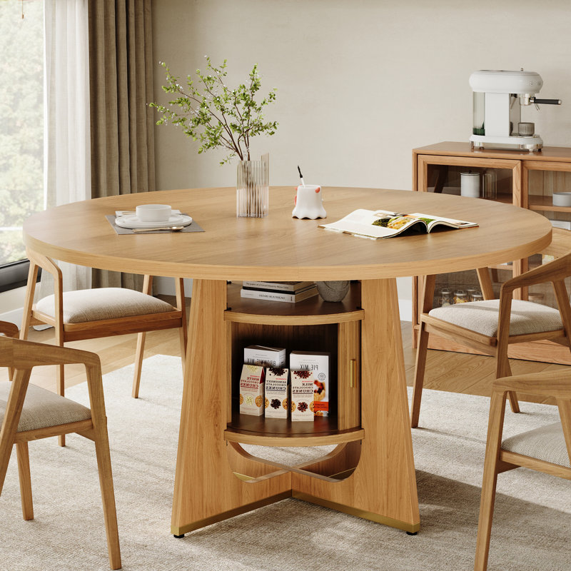 47 Inch Round Dining Table For 4-6 People With Built-in Storage Cabinet, Mid-century Modern Kitchen Table For Dining Room, Kitchen, Living Room (natural Wood)