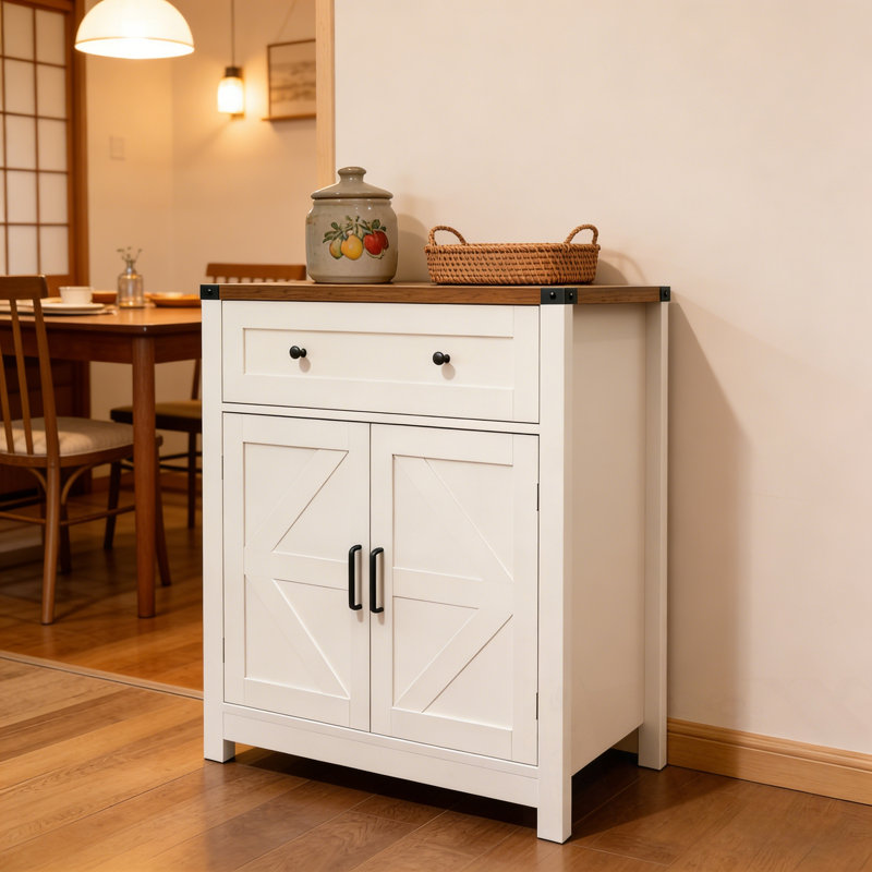 Armoire en bois avec tiroir et portes doubles, Blanc